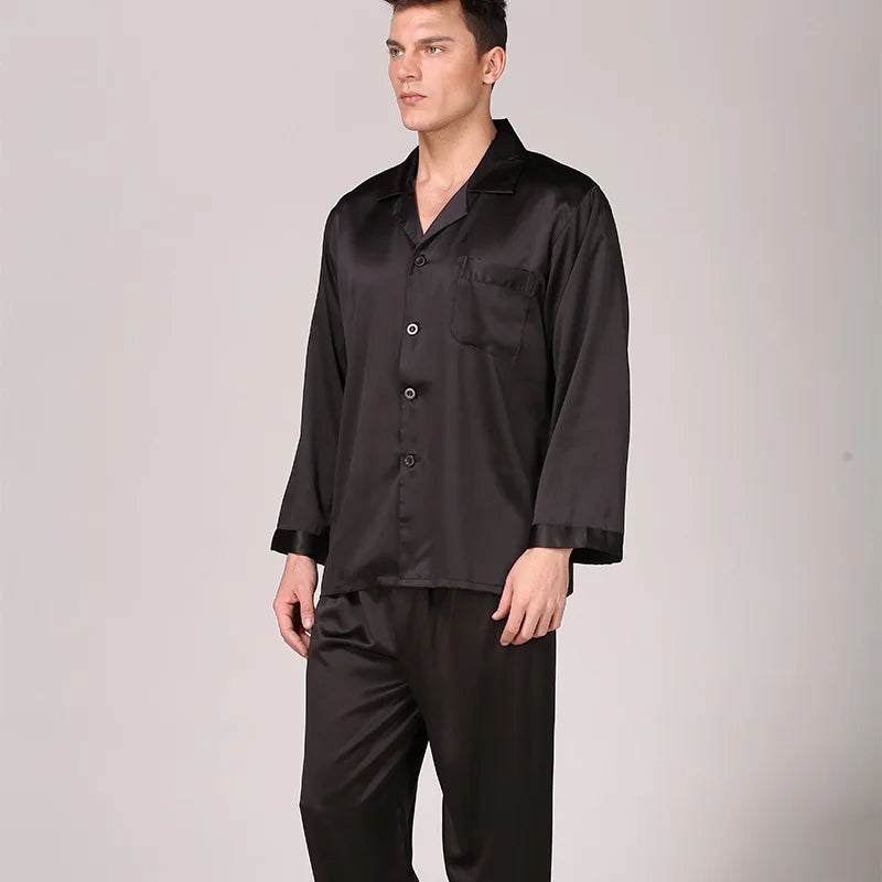 Seidenpyjama - Langarm - geknöpft - Satin-Pyjama-Set - Seidenpyjamas für Männer-Schwarz-L-Chaps Herrenmode