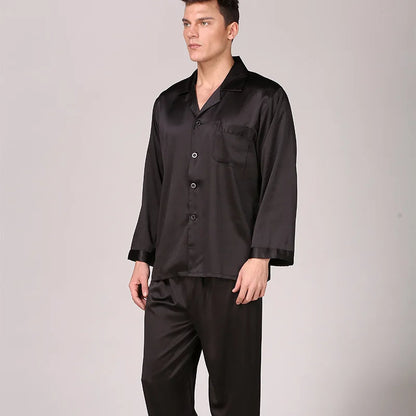 Seidenpyjama - Langarm - geknöpft - Satin-Pyjama-Set - Seidenpyjamas für Männer-Schwarz-L-Chaps Herrenmode