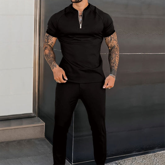 Set – Kurzarm – Viertelreißverschluss – Zweiteiliges Set – Herrenbekleidung-Schwarz-S-Chaps Herrenmode