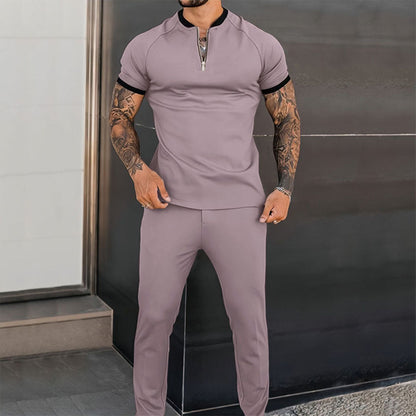 Set – Kurzarm – Viertelreißverschluss – Zweiteiliges Set – Herrenbekleidung-Staubgrau-S-Chaps Herrenmode