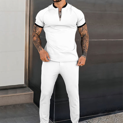 Set – Kurzarm – Viertelreißverschluss – Zweiteiliges Set – Herrenbekleidung-Weiß-S-Chaps Herrenmode