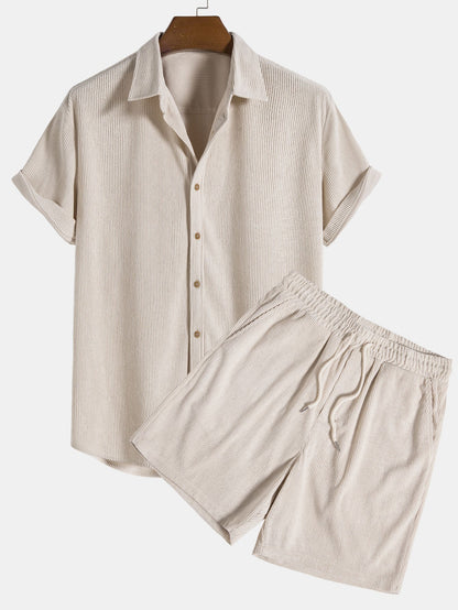 Set aus Hemd und Shorts – 2-teiliges Set für Herren mit kurzen Ärmeln und Knopfleiste-Beige-S-Chaps Herrenmode
