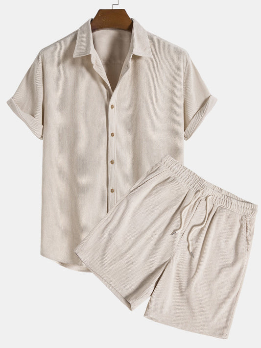 Set aus Hemd und Shorts – 2-teiliges Set für Herren mit kurzen Ärmeln und Knopfleiste-Beige-S-Chaps Herrenmode