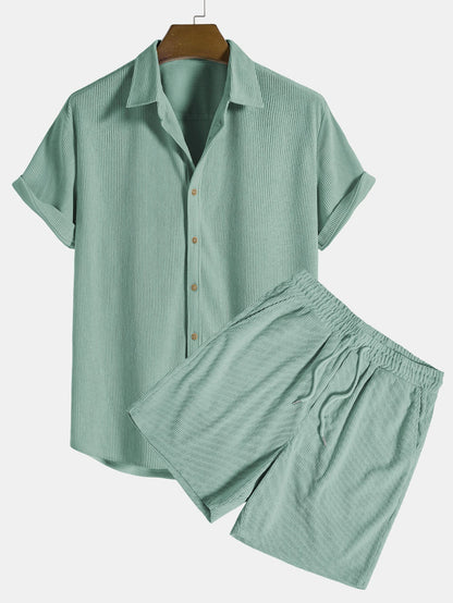 Set aus Hemd und Shorts – 2-teiliges Set für Herren mit kurzen Ärmeln und Knopfleiste-Grün-S-Chaps Herrenmode