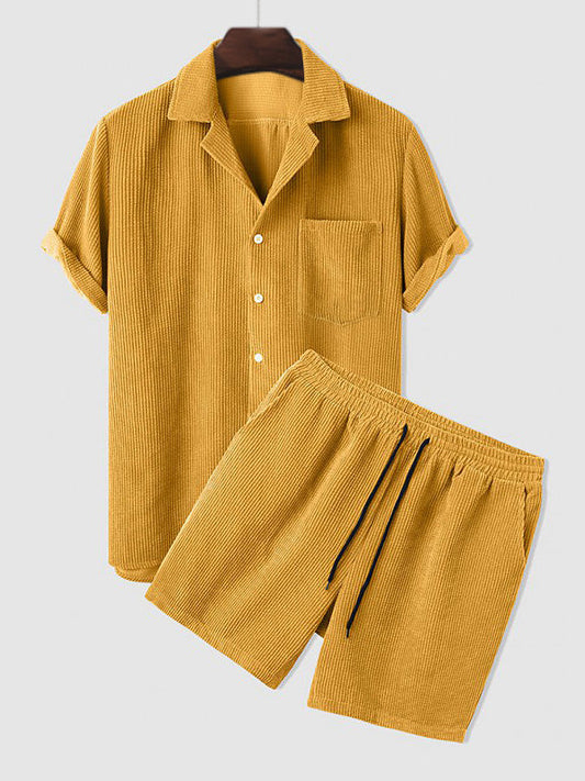 Set aus Hemd und Shorts | Cord | Kurzarm | Zweiteiler | Herren-Set aus Cord-Gelb-S-Chaps Herrenmode