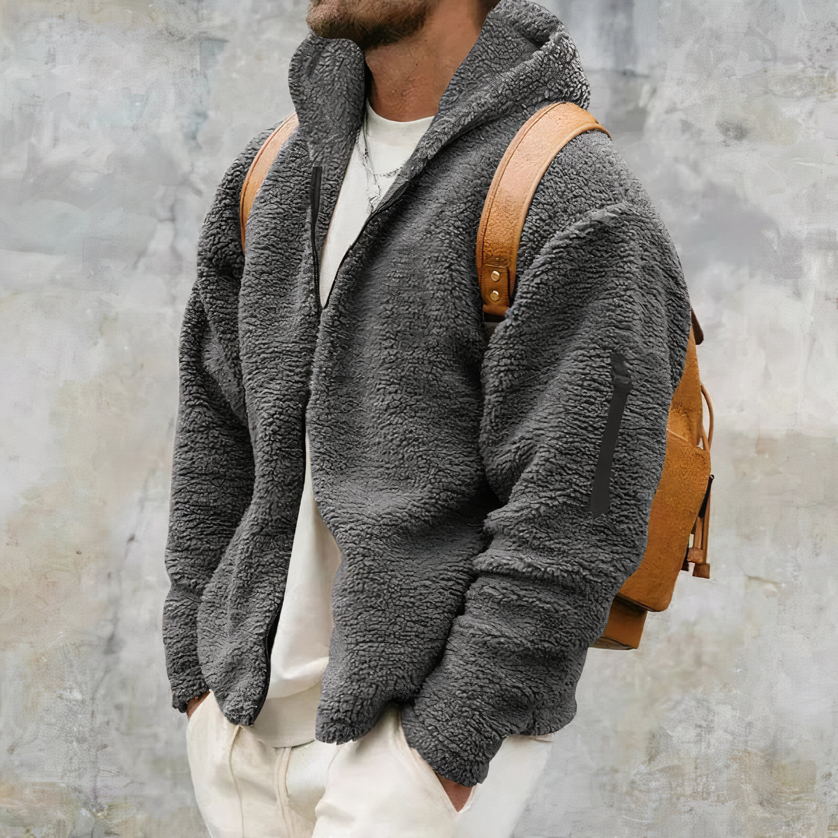 Sherpa Hoodie - Warme Fleecejacke mit Kapuze und Reißverschluss für Herren-Grau-S-Chaps Herrenmode