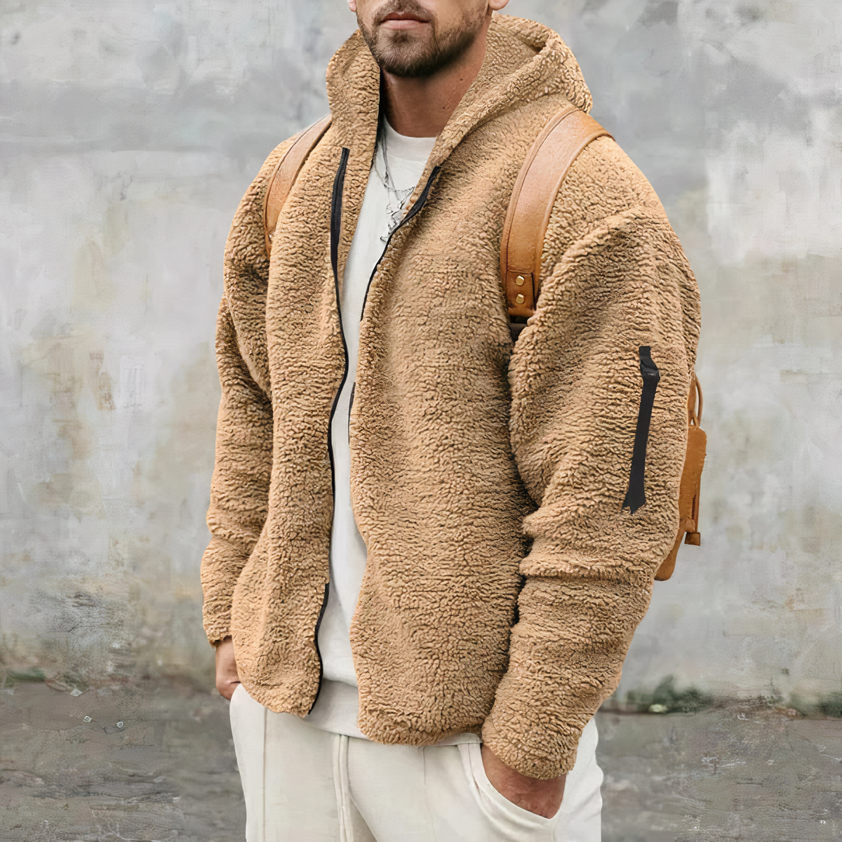 Sherpa Hoodie - Warme Fleecejacke mit Kapuze und Reißverschluss für Herren-Khaki-S-Chaps Herrenmode