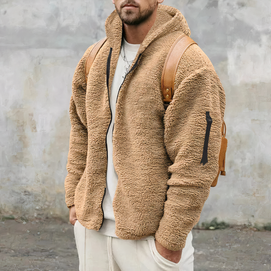 Sherpa Hoodie - Warme Fleecejacke mit Kapuze und Reißverschluss für Herren-Khaki-S-Chaps Herrenmode