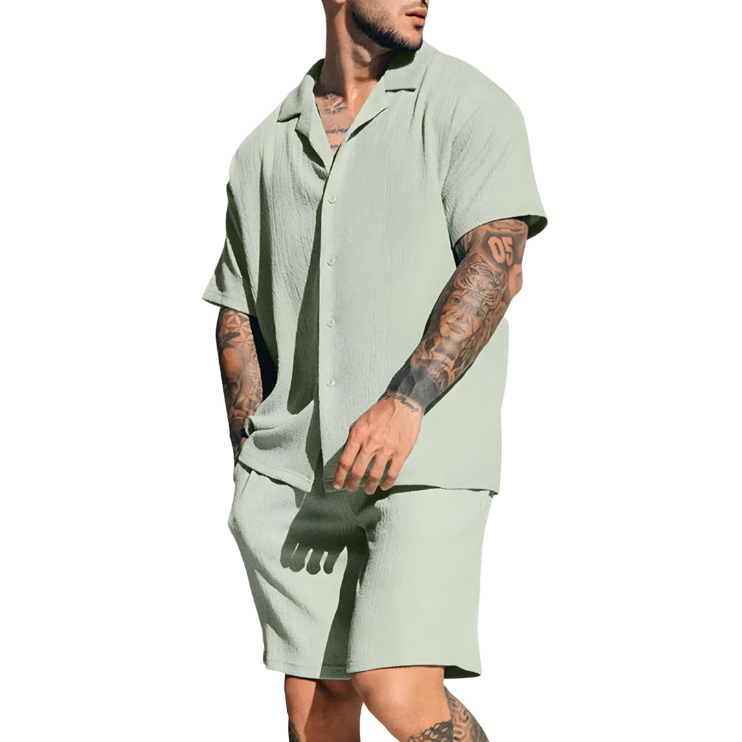 Shirt & Shorts Set – Leinen – Kurzarm – Zweiteiliges Set – Sommer-Sets für Männer-Grün-S-Chaps Herrenmode