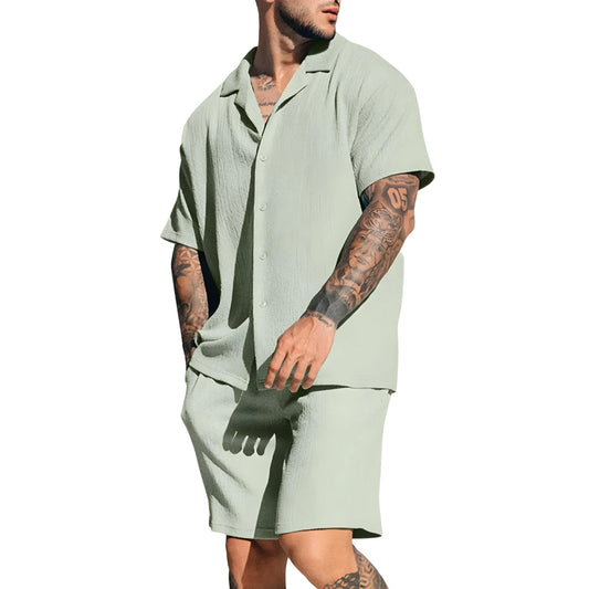 Shirt & Shorts Set – Leinen – Kurzarm – Zweiteiliges Set – Sommer-Sets für Männer-Grün-S-Chaps Herrenmode