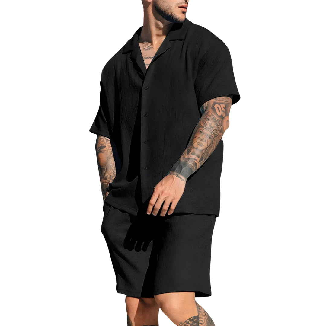 Shirt & Shorts Set – Leinen – Kurzarm – Zweiteiliges Set – Sommer-Sets für Männer-Schwarz-S-Chaps Herrenmode