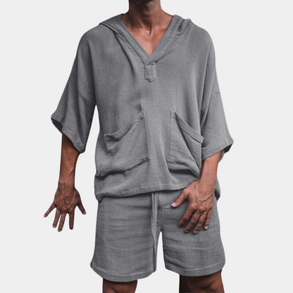 Shorts und Hoodie Set - Loose Fit - Boho - Zweiteiliges Set - Herrenbekleidung-Grau-S-Chaps Herrenmode