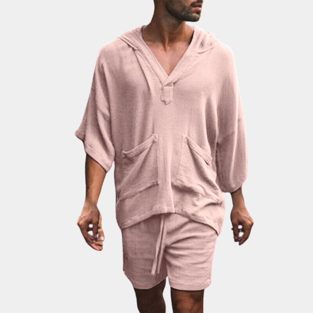 Shorts und Hoodie Set - Loose Fit - Boho - Zweiteiliges Set - Herrenbekleidung-Rosa-S-Chaps Herrenmode