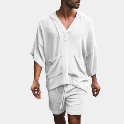Shorts und Hoodie Set - Loose Fit - Boho - Zweiteiliges Set - Herrenbekleidung-Weiß-S-Chaps Herrenmode