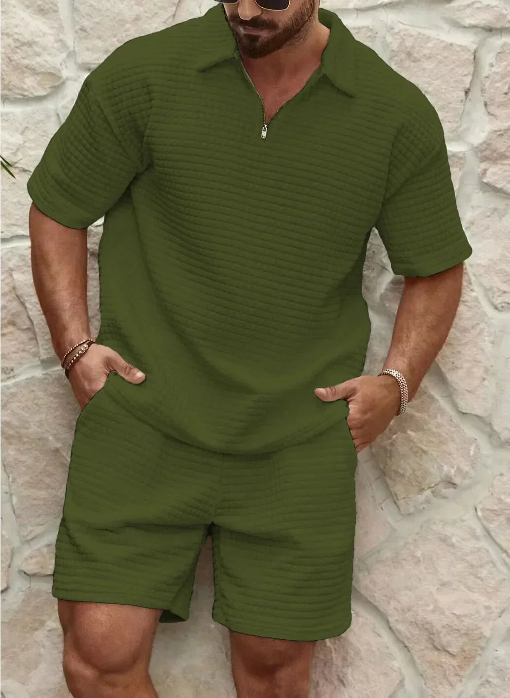 Shorts und Shirt Set - Herren Kurzarm-Polo Zweiteiliges Set für den Sommer-Grün-S-Chaps Herrenmode