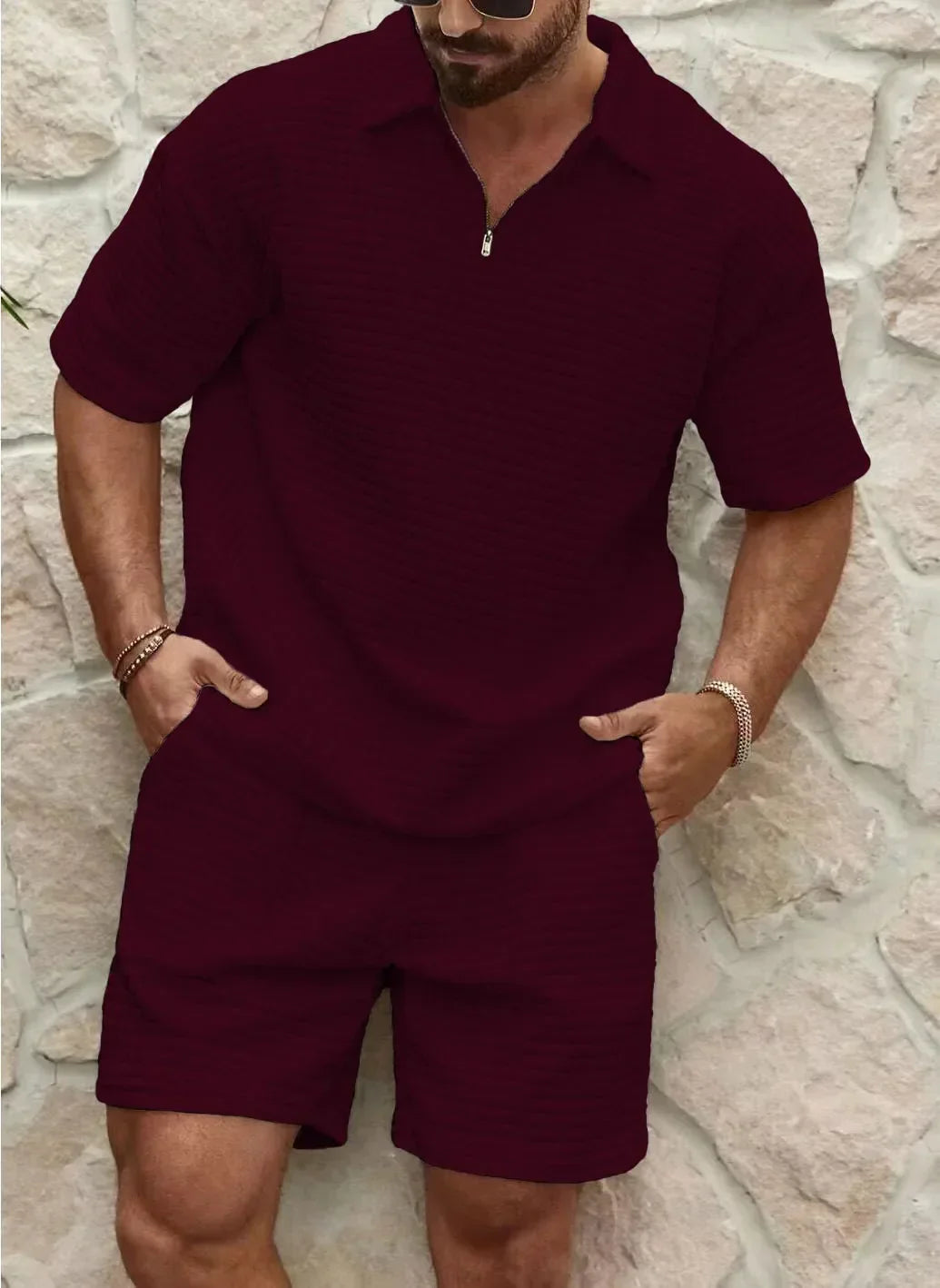 Shorts und Shirt Set - Herren Kurzarm-Polo Zweiteiliges Set für den Sommer-Rot-S-Chaps Herrenmode