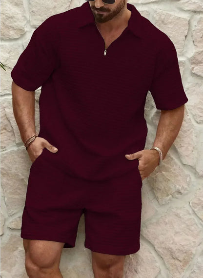 Shorts und Shirt Set - Herren Kurzarm-Polo Zweiteiliges Set für den Sommer-Rot-S-Chaps Herrenmode