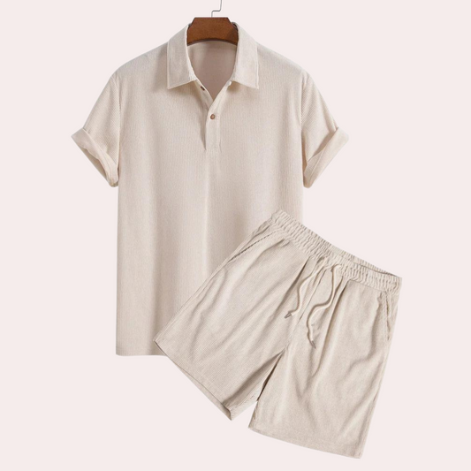 Shorts und Shirt Set - Kord - Polo T-Shirt - Zweiteiliges Set - Herren Sommer Set-Beige-S-Chaps Herrenmode