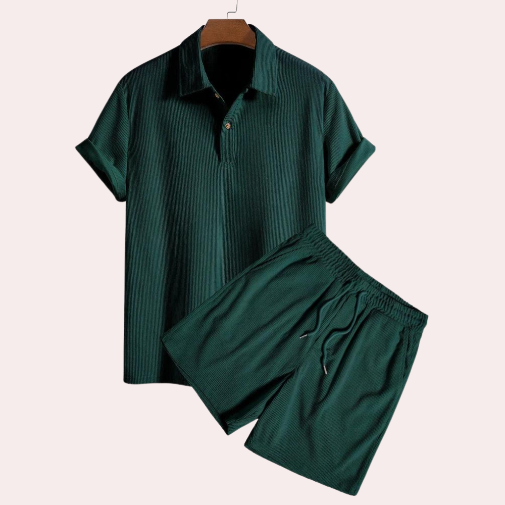 Shorts und Shirt Set - Kord - Polo T-Shirt - Zweiteiliges Set - Herren Sommer Set-Grün-S-Chaps Herrenmode
