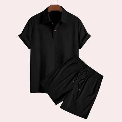 Shorts und Shirt Set - Kord - Polo T-Shirt - Zweiteiliges Set - Herren Sommer Set-Schwarz-S-Chaps Herrenmode