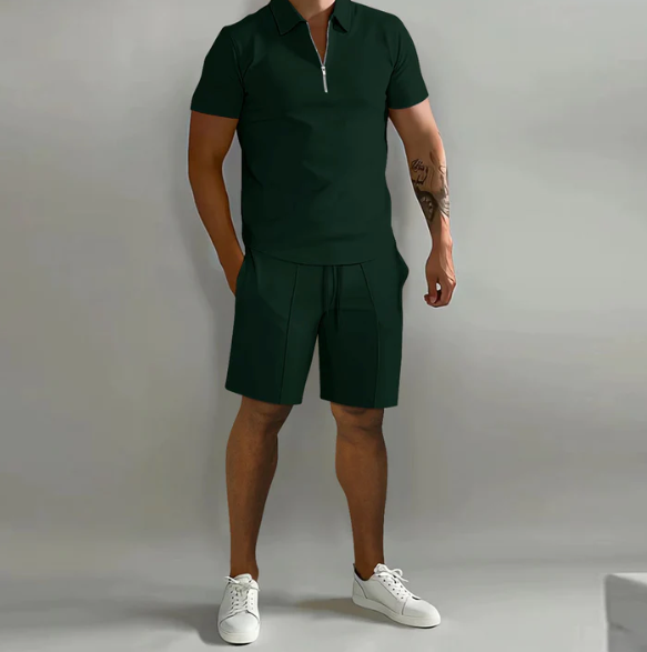 Shorts und Shirt Set | Quarter Zip | Kurzarm | Zweiteiliges Set | Herren Sommerkleidung-Grün-S-Chaps Herrenmode