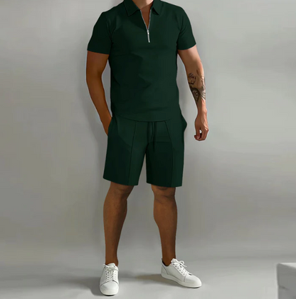 Shorts und Shirt Set | Quarter Zip | Kurzarm | Zweiteiliges Set | Herren Sommerkleidung-Grün-S-Chaps Herrenmode