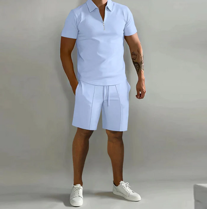 Shorts und Shirt Set | Quarter Zip | Kurzarm | Zweiteiliges Set | Herren Sommerkleidung-Hellblau-S-Chaps Herrenmode