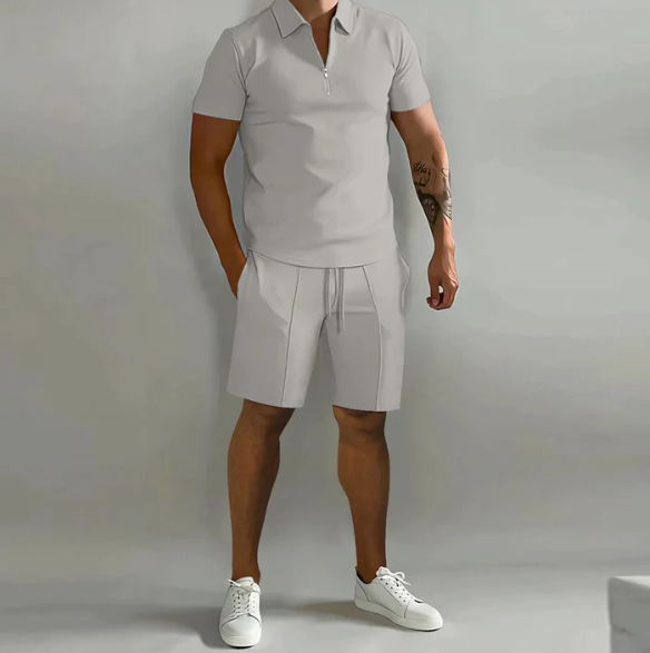 Shorts und Shirt Set | Quarter Zip | Kurzarm | Zweiteiliges Set | Herren Sommerkleidung-Hellgrau-S-Chaps Herrenmode
