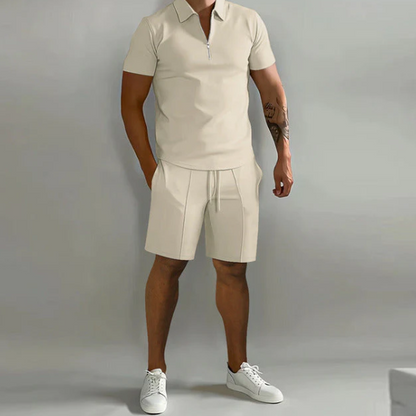 Shorts und Shirt Set | Quarter Zip | Kurzarm | Zweiteiliges Set | Herren Sommerkleidung-Khaki-S-Chaps Herrenmode