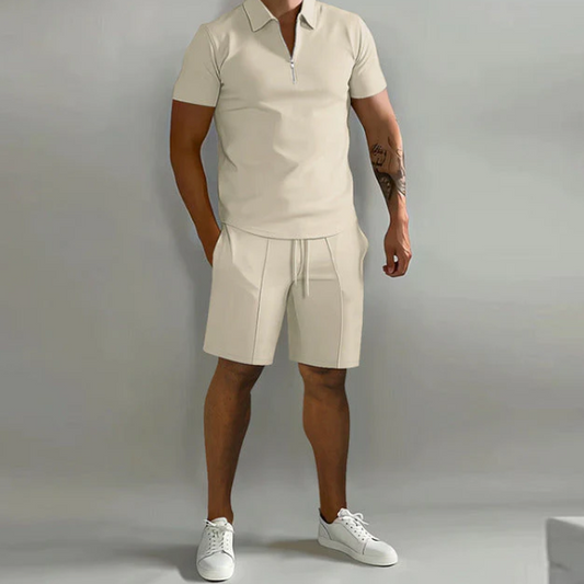 Shorts und Shirt Set | Quarter Zip | Kurzarm | Zweiteiliges Set | Herren Sommerkleidung-Khaki-S-Chaps Herrenmode