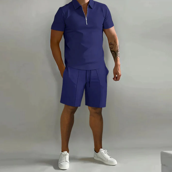 Shorts und Shirt Set | Quarter Zip | Kurzarm | Zweiteiliges Set | Herren Sommerkleidung-Marineblau-S-Chaps Herrenmode