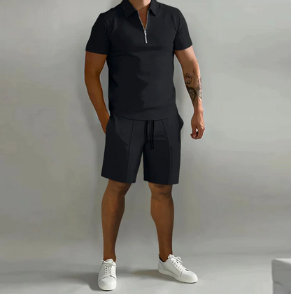 Shorts und Shirt Set | Quarter Zip | Kurzarm | Zweiteiliges Set | Herren Sommerkleidung-Schwarz-S-Chaps Herrenmode