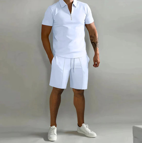 Shorts und Shirt Set | Quarter Zip | Kurzarm | Zweiteiliges Set | Herren Sommerkleidung-Weiß-S-Chaps Herrenmode