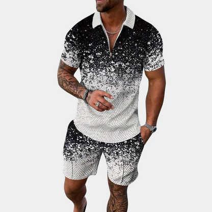 Shorts und Shirt Set – Zweiteiliges Set mit Polo-T-Shirt für Herren für den Sommer-Schwarz und Weiß-M-Chaps Herrenmode