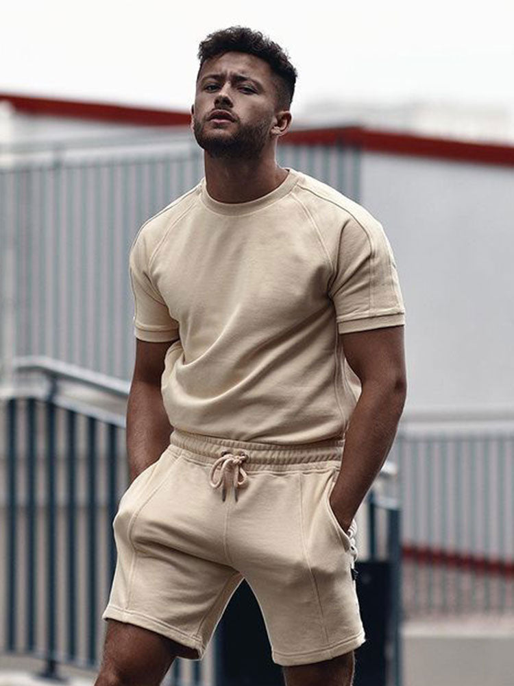 Shorts und T-Shirt-Set – Herren-Sweatshirt mit Rundhalsausschnitt und Shorts, zweiteiliges Sommerset-Beige-S-Chaps Herrenmode