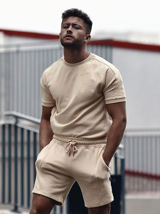 Shorts und T-Shirt-Set – Herren-Sweatshirt mit Rundhalsausschnitt und Shorts, zweiteiliges Sommerset-Beige-S-Chaps Herrenmode