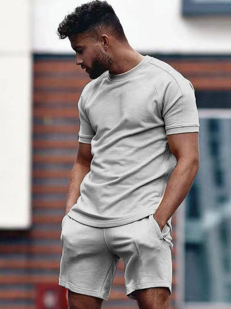Shorts und T-Shirt-Set – Herren-Sweatshirt mit Rundhalsausschnitt und Shorts, zweiteiliges Sommerset-Grau-S-Chaps Herrenmode
