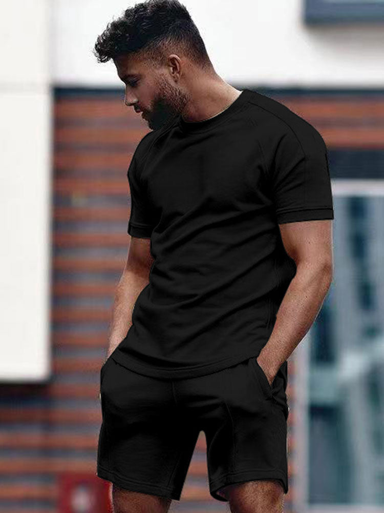 Shorts und T-Shirt-Set – Herren-Sweatshirt mit Rundhalsausschnitt und Shorts, zweiteiliges Sommerset-Schwarz-S-Chaps Herrenmode