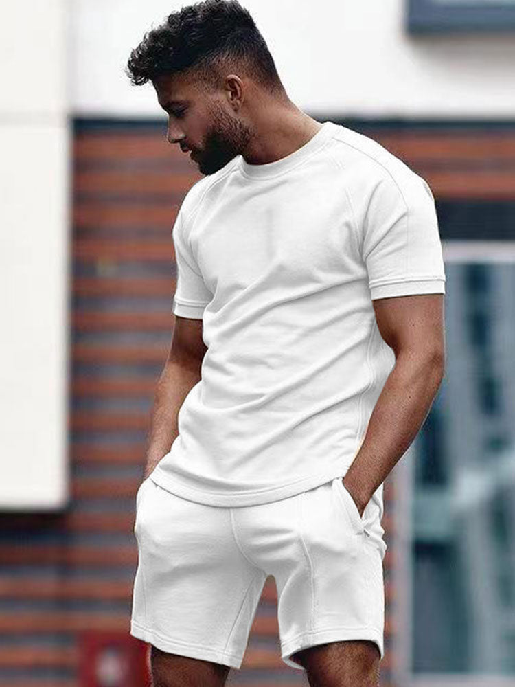 Shorts und T-Shirt-Set – Herren-Sweatshirt mit Rundhalsausschnitt und Shorts, zweiteiliges Sommerset-Weiß-S-Chaps Herrenmode