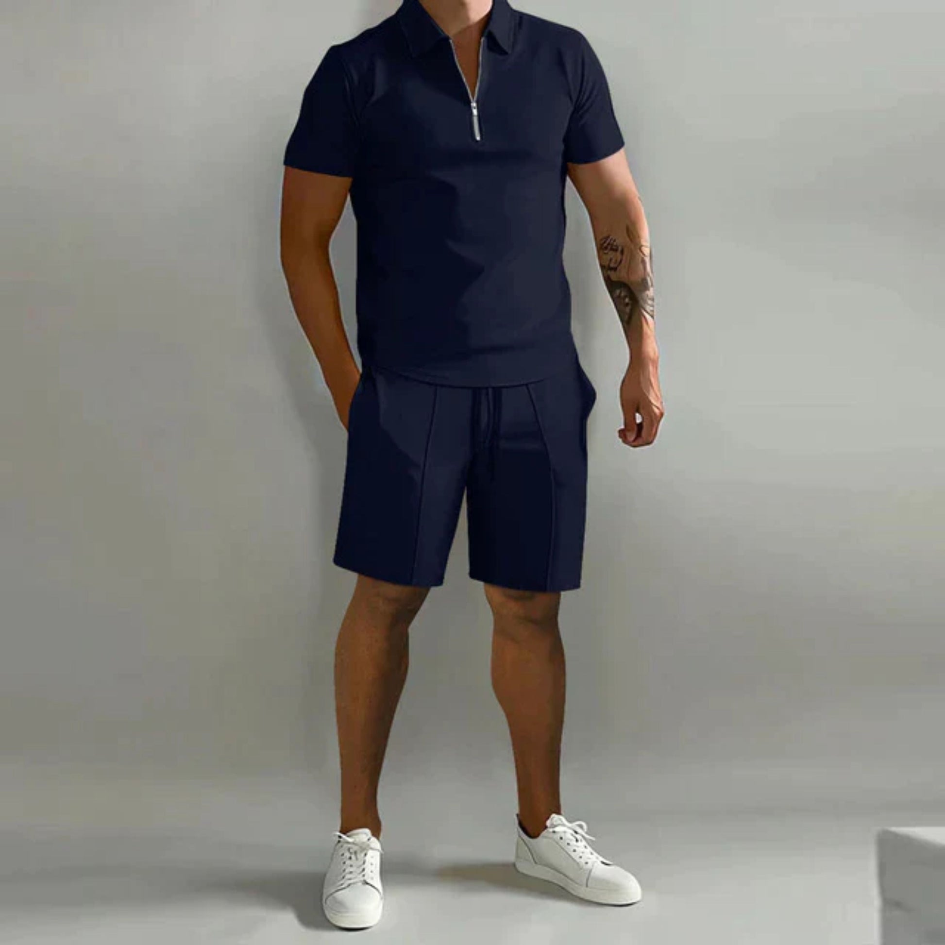 Shorts und T-Shirt Set | Quarter Zip | Polo Shirt | Zweiteiliges Set | Sommerkleidung für Männer-Dunkelblau-S-Chaps Herrenmode