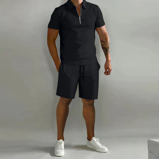 Shorts und T-Shirt Set | Quarter Zip | Polo Shirt | Zweiteiliges Set | Sommerkleidung für Männer-Schwarz-S-Chaps Herrenmode