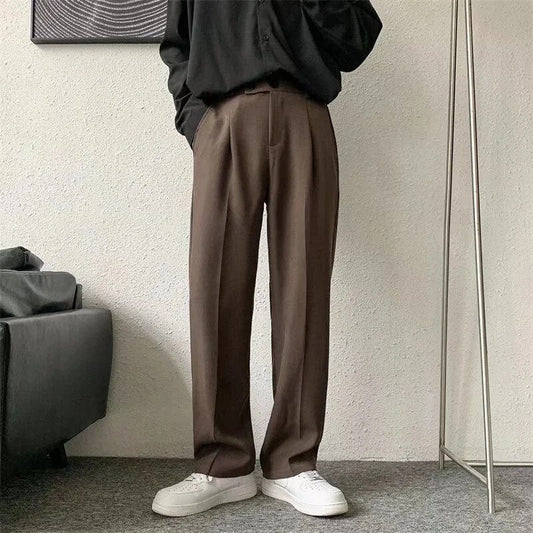 Slack Pants - Gerades Bein - Lockere Passform - Bundfaltenhosen - Herrenhosen-Braun-S-Chaps Herrenmode