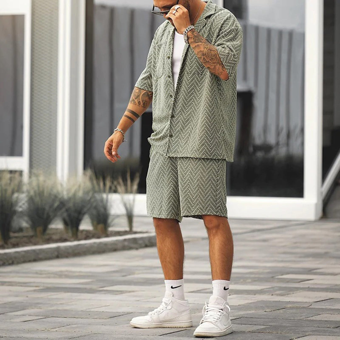 Sommer-Set für Männer | Kurzarm | Knopfleiste | Zweiteiliges Set | Shorts und Hemd-Chaps Herrenmode