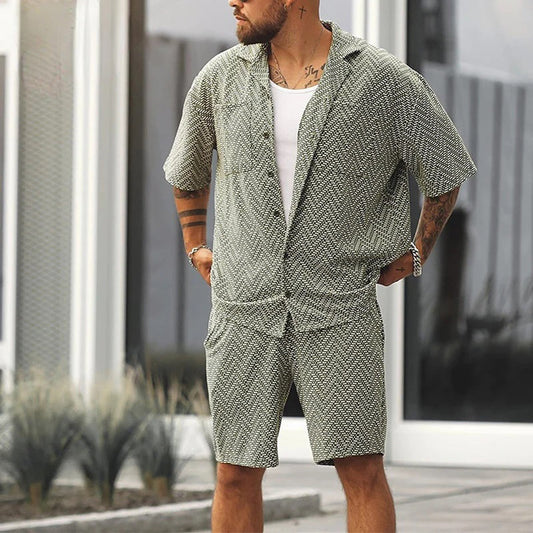 Sommer-Set für Männer | Kurzarm | Knopfleiste | Zweiteiliges Set | Shorts und Hemd-Grau-grün-S-Chaps Herrenmode