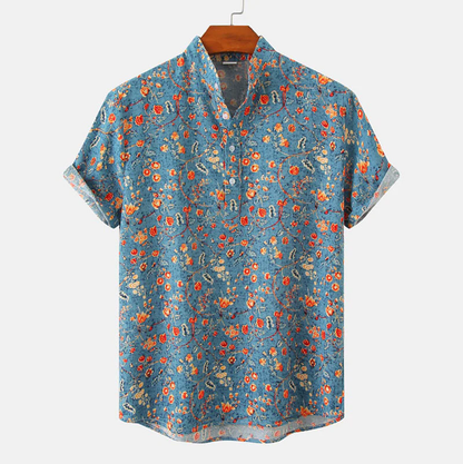 Sommerhemd – Herren-Freizeithemd mit Knöpfen und kurzen Ärmeln und Blumenmuster-Blau-M-Chaps Herrenmode