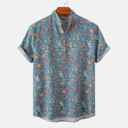 Sommerhemd – Herren-Freizeithemd mit Knöpfen und kurzen Ärmeln und Blumenmuster-Blau-M-Chaps Herrenmode