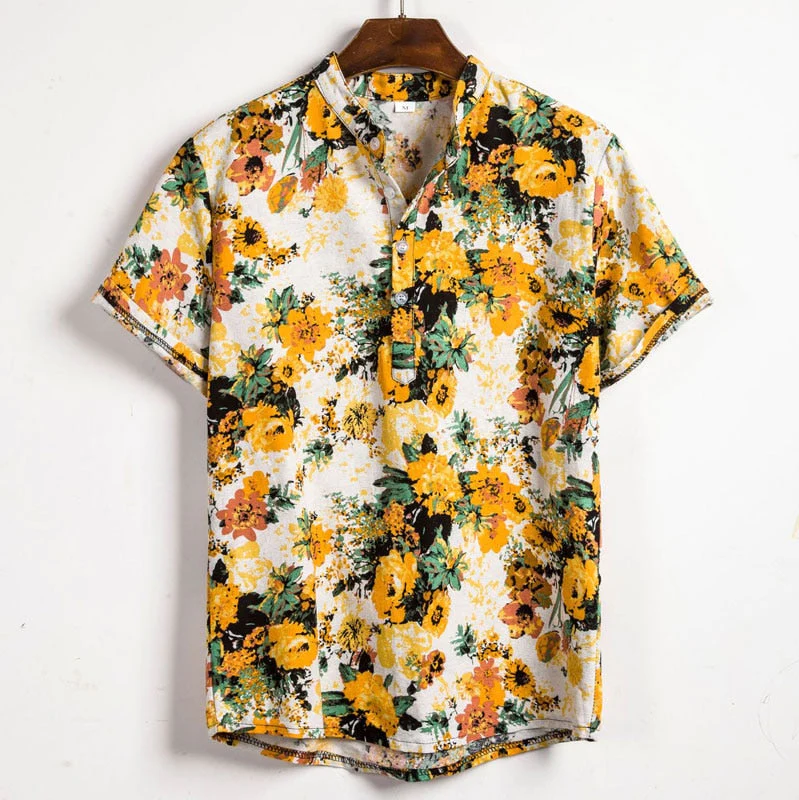 Sommerhemd – Herren-Freizeithemd mit Knöpfen und kurzen Ärmeln und Blumenmuster-Gelb-M-Chaps Herrenmode
