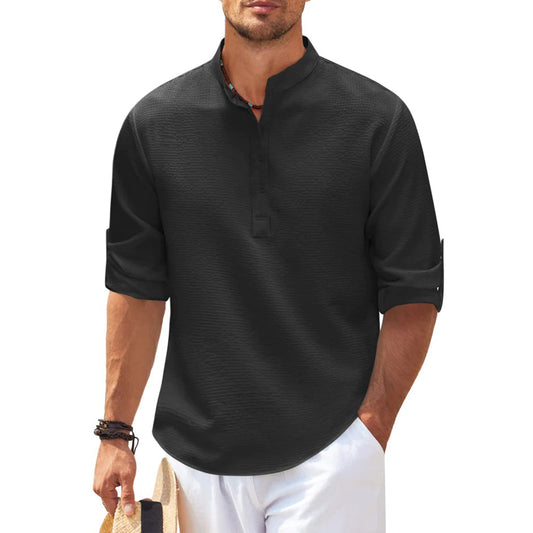 Sommerhemd - Leichtes Langarmhemd mit halber Knopfleiste für Männer-Schwarz-S-Chaps Herrenmode