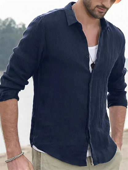 Sommerhemd - Leichtes Leinenhemd mit langen Ärmeln und Knopfleiste für Herren-Blau-S-Chaps Herrenmode