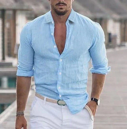 Sommerhemd – geknöpft – Langarm – Leinenhemd – Herrenhemd-Blau-S-Chaps Herrenmode